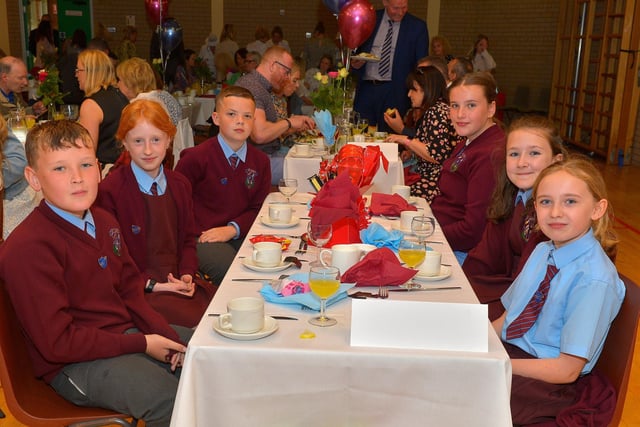 Jack, Nicole, Jayden, Paige, Cadhl and Aoife members of the School Council pictured at the St John’s Primary School 50th anniversary celebrations held on Friday afternoon last. Photograph: George Sweeney. DER2224GS – 057