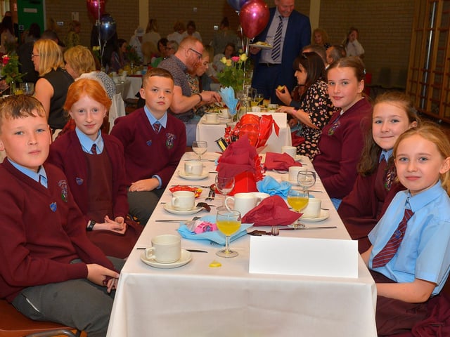 Jack, Nicole, Jayden, Paige, Cadhl and Aoife members of the School Council pictured at the St John’s Primary School 50th anniversary celebrations held on Friday afternoon last. Photograph: George Sweeney. DER2224GS – 057