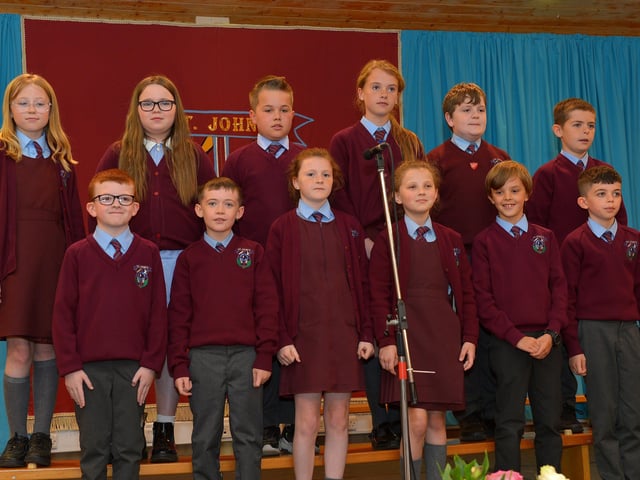 Pupils from P6 perform a sketch at the St John’s Primary School 50th anniversary celebrations held on Friday afternoon last. Photograph: George Sweeney. DER2224GS – 063