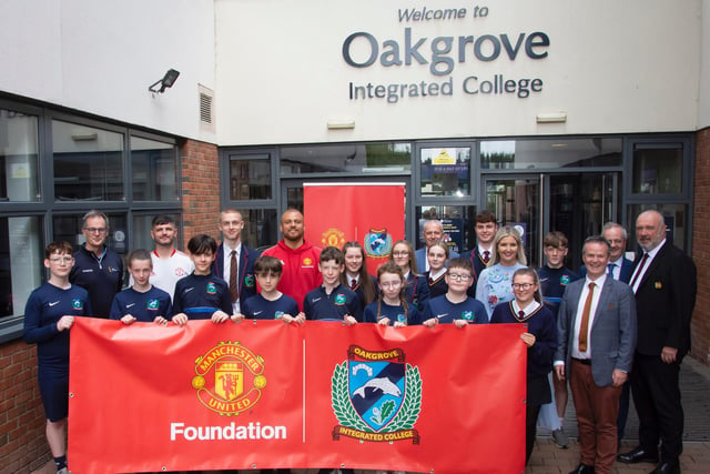 Group pictured at the launch of the Oakgrove Integrated College's partnership with the Manchester United Foundation on Friday afternoon. Picture by Jim McCafferty Photography