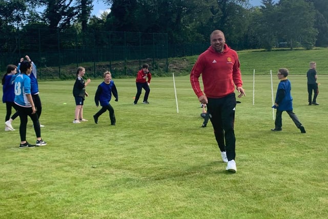 Manchester United treble winner Wes Brown enjoying himself at the Manchester United Foundation launch, which took place at Oakgrove Integrated College. Picture by Jim McCafferty Photography