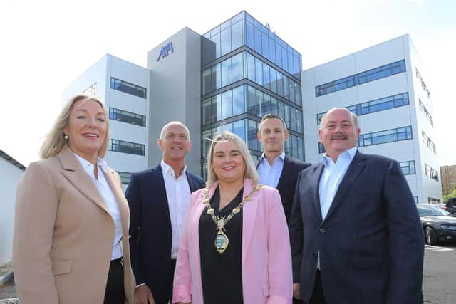 Marguerite Brosnan AXA , George McKinney Invest Northern Ireland, Mayor Sandra Duffy, Claudio Gienal AXA and Philip Bradley AXA