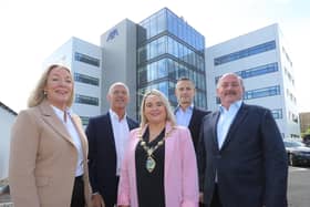 Marguerite Brosnan AXA , George McKinney Invest Northern Ireland, Mayor Sandra Duffy, Claudio Gienal AXA and Philip Bradley AXA