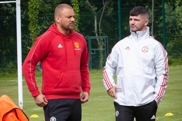 Man United’s Champions League winner, Wes Brown in conversation with Martin Smith during last Friday’s Foundation launch. Picture by Jim McCafferty