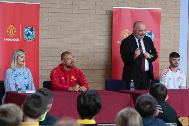John Shiels, CEO, Manchester United Foundation, addressing the attendance of Friday’s event at Oakgrove Integrated College. Included from left is Katrina Crilly, Principal, Wes Brown, Manchester United and Martin Smith, Manchester United Foundation’s NI School Partnership Officer. Picture by Jim McCafferty Photography