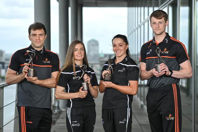 PwC GAA/GPA Players of the Month for May, from left, Clare hurler Shane O'Donnell, Waterford Camogie player Lorraine Bray, Dublin footballer Sinéad Goldrick and Derry footballer Brendan Rogers with their awards at PwC HQ in Dublin. Photo by Sam Barnes/Sportsfile