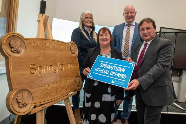 Pictured at the official opening of North West Regional College's redeveloped Springtown Campus are: Shannon Cartin, Lecturer in Fabrication and Welding. Heather Cousins, Head of the Skills and Education Group, Department for the Economy, Gavin Killeen, Acting Chair of NWRC's Governing Body and Leo Murphy, Principal and Chief Executive, NWRC. (Pic Martin McKeown).