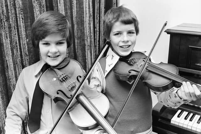 1976... William Carson and Desmond Fitzgibbon, of St Patrick’s Boys’ School, Pennyburn, first in the violin duet (under 12).