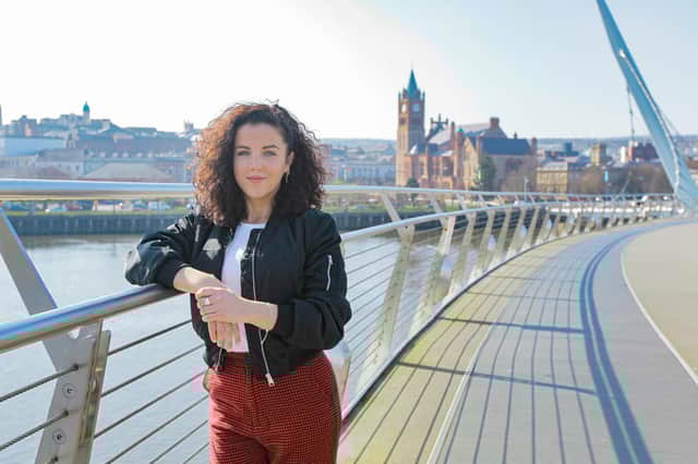 Jamie-Lee O'Donnell on the peace bridge, Londonderry