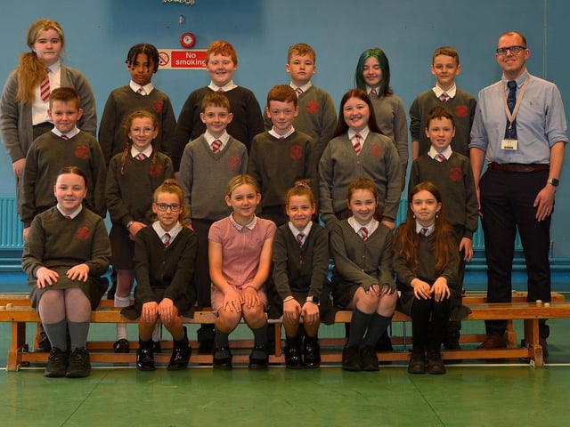 Mr Gill with his P7 class at Holy Family Primary School. DER2222GS – 036