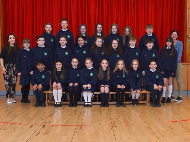 Mrs Callan, teacher, and Miss Doherty, teaching assistant with their P7 class at St Patrick’s Primary School. DER2222GS – 027