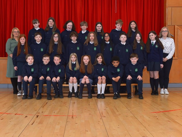 Mrs Moore, teacher, and Mrs Cregan, teaching assistant with their P7 class at St Patrick’s Primary School. DER2222GS – 028
