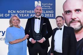 Pictured receiving the RCN Northern Ireland Nurse of the Year Award 2022 is Gary Rutherford (centre) with Pat Cullen, RCN General Secretary and Chief Executive (left) and Health Minister Robin Swann (right).