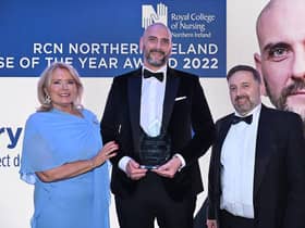 Pictured receiving the RCN Northern Ireland Nurse of the Year Award 2022 is Gary Rutherford (centre) with Pat Cullen, RCN General Secretary and Chief Executive (left) and Health Minister Robin Swann (right).