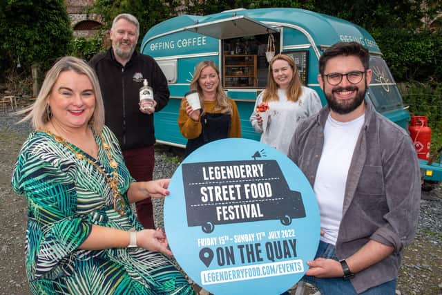 Derry City and Strabane District Council Mayor, Councillor Sandra Duffy launches the Legenderry Street Food Festival which taking place along the Quay from Friday the 15th of July until Sunday the 17th of July. Pictured at the launch are,  Jim Nash, Wild Atlantic Distillery, Stephanie Bradley from Offing Coffee,  Joanne Cullen, Foyle Bubble Waffles and Josh Kyle, Walled City Brewery.  Picture Martin McKeown.