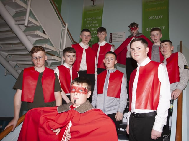 Students from St. Josephâ€TMs Boys School pictured before taking part in the Creggan 75th parade on Friday evening. (Photos: Jim McCafferty Photography)