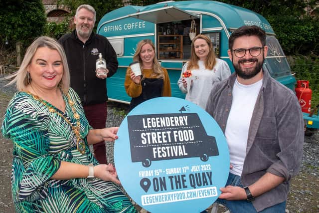 Derry City and Strabane District Council Mayor, Councillor Sandra Duffy launches the Legenderry Street Food Festival which taking place along the Quay from Friday the 15th of July until Sunday the 17th of July. Pictured at the launch are,  Jim Nash, Wild Atlantic Distillery, Stephanie Bradley from Offing Coffee,  Joanne Cullen, Foyle Bubble Waffles and Josh Kyle, Walled City Brewery.  Picture Martin McKeown. 17.06.22