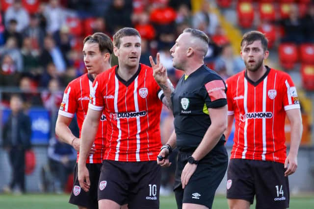 Patrick McEleney's protests fall on deaf ears as the match official awards a penalty to Drogheda United at Brandywell. Photograph by Kevin Moore.