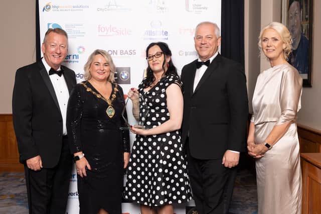 Jenni Doherty, Little Acorns Bookstore, winner of the Overall Business of the Year pictured with Jim Roddy, City Centre Initiative, the Mayor of Derry City and Strabane District Council (award sponsors), Councillor Sandra Duffy, John Kelpie, Chief Executive of Derry City and Strabane District Council and Anna Doherty, Londonderry Chamber of Commerce.
