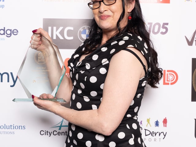 Jenni Doherty, Little Acorns Bookstore who won Overall Business of the Year at the 2022 North West Business Awards held at the City Hotel on Friday past.