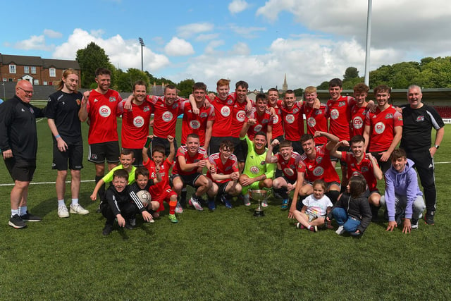 Maiden City celebrate their Palmer/McDaid Cup Final victory over Institute at the Ryan McBride Brandywell Stadium on Saturday afternoon last. Picture by George Sweeney