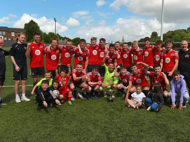 Maiden City celebrate their Palmer/McDaid Cup Final victory over Institute at the Ryan McBride Brandywell Stadium on Saturday afternoon last. Picture by George Sweeney