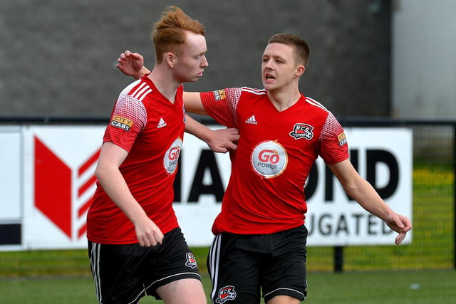 Scorer of Maiden City’s first goal against Institute, Dylan McGavigan (right) is congratulated by Brendan Moore. Picture by George Sweeney.