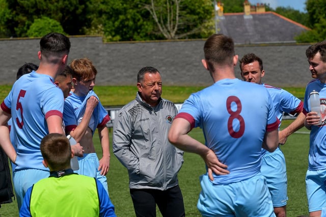 Institute manager Brian Donaghey speaking to his players before the penalty shootout against Maiden City in the Palmer/McDaid Summer Cup final. Picture by George Sweeney.
