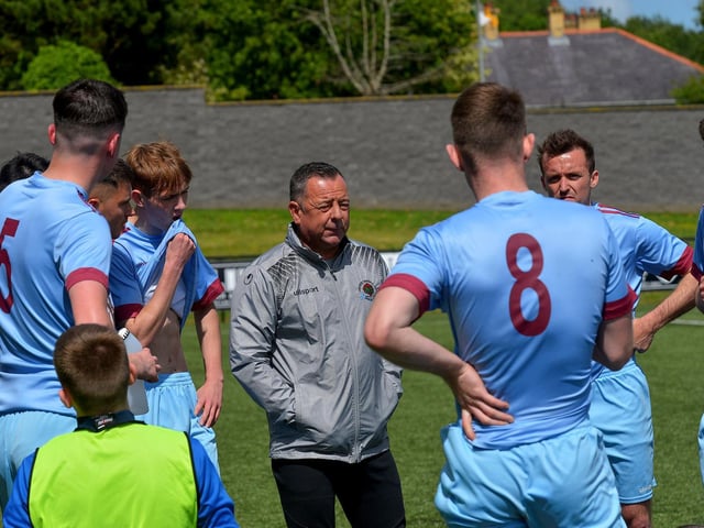Institute manager Brian Donaghey speaking to his players before the penalty shootout against Maiden City in the Palmer/McDaid Summer Cup final. Picture by George Sweeney.