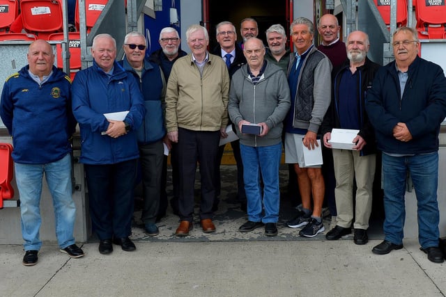 Don Boscos ‘old boys’ who played for the club in 1972 pictured at the Palmer/McDaid Summer Cup final at the Ryan McBride Brandywell Stadium on Saturday afternoon last. Picture by George Sweeney.