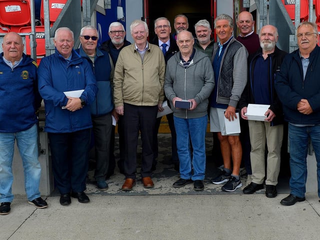 Don Boscos ‘old boys’ who played for the club in 1972 pictured at the Palmer/McDaid Summer Cup final at the Ryan McBride Brandywell Stadium on Saturday afternoon last. Picture by George Sweeney.