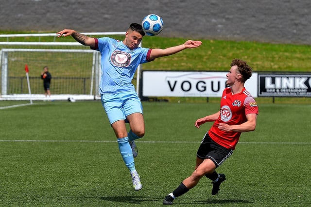 Institute’s Rhys McDermott head the ball clear as Maiden City’s Josh Kee closes in during the Palmer/McDaid Summer Cup final on Saturday afternoon. Picture by George Sweeney.