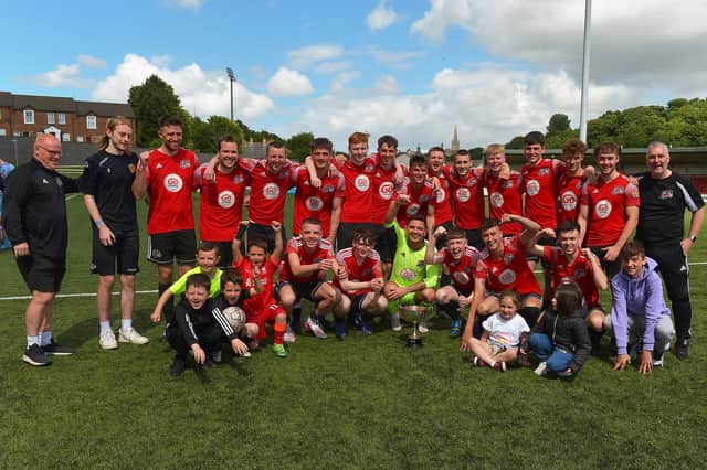 Maiden City celebrate their Palmer/McDaid Cup Final victory over Institute at the Ryan McBride Brandywell Stadium on Saturday afternoon. Picture by George Sweeney