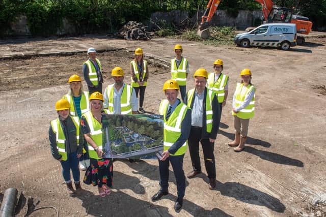 The Mayor Councillor Sandra Duffy visited the former heli-pad site in St. Columb's Park at Browning Drive where work has commenced to break up the site to make way for the transformational Acorn Project.  Included from left are, Jodie Nethery, devity, Shauna Kelpie, Acorn Fund, Simon Doran, DCSDC, Colin Kennedy, DCSDC, Cathy Burns DCSDC, Stephen Finlay, Area Lead - Northern Ireland, Department for Levelling Up, Alan Bogle, DCSDC,  Robert Shearman, The Conservation Volunteers, Emma Barton, DCSDC and Christine Doherty, DCSDC.