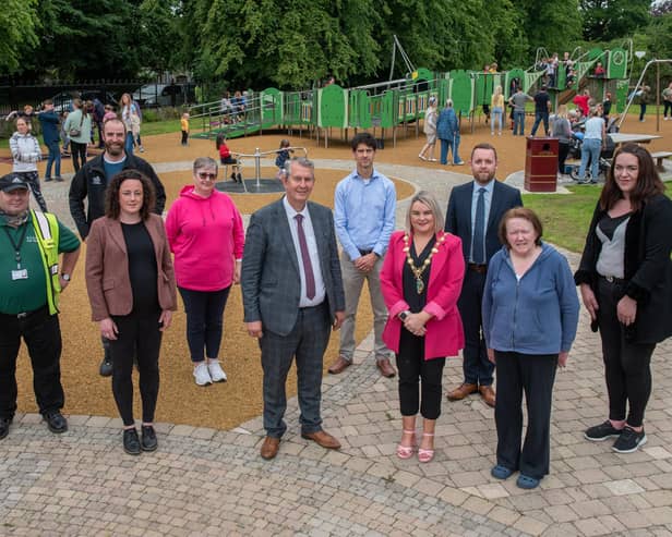 Pictured at the reopening of Eglinton play park, by Derry City and Strabane District Council Mayor, Councillor Sandra Duffy and DAERA Minister Edwin Poots are Gary McMenamin, Park Ranger, Mark H. Durkan MLA, Helen Turton, DCSDC, Noelle Donnell, chair of the Derry and Strabane Rural Partnership, Alan Bogle, DCSDC, Gary Middleton MLA, Debbie Caulfield MBE, Eglinton Community Hall, and Councillor Rachael Ferguson. Picture Martin McKeown. 21.06.22