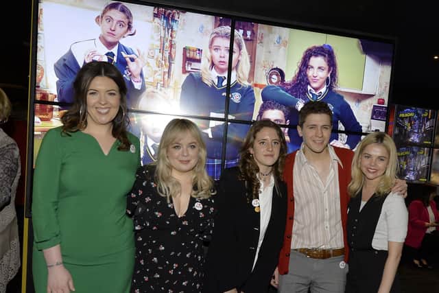 Derry Girls, writer Lisa McGee, on the left, and actors Nicola Coughlan, Louisa Harland, Dylan Llewellyn and Saoirse Monica Jackson pictured at a previous Derry Girls Season 2 premiere held in The Omniplex Cinema. DER0819GS-001