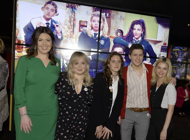 Derry Girls, writer Lisa McGee, on the left, and actors Nicola Coughlan, Louisa Harland, Dylan Llewellyn and Saoirse Monica Jackson pictured at a previous Derry Girls Season 2 premiere held in The Omniplex Cinema. DER0819GS-001