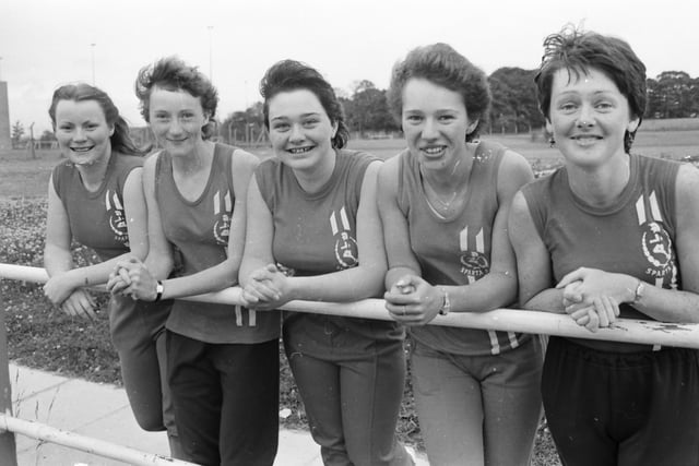 Sparta atheletes selected for a NI Women’s Athletic team international match against Brittany. From left, Marie Ward, Noeleen Mullan, Gail Stewart, Heather Wilson and Patricia Barr.