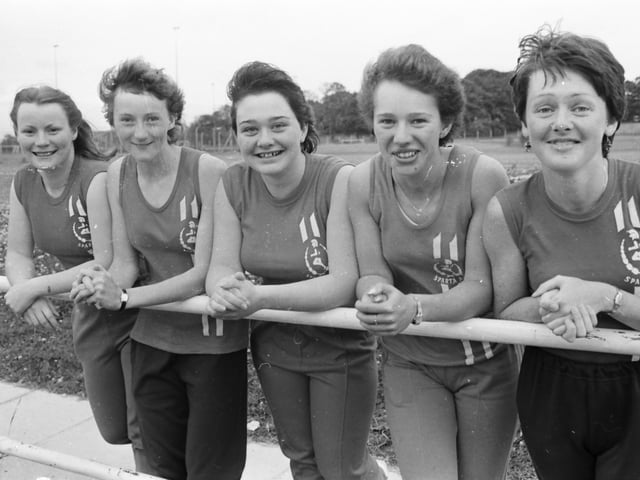 Sparta atheletes selected for a NI Women’s Athletic team international match against Brittany. From left, Marie Ward, Noeleen Mullan, Gail Stewart, Heather Wilson and Patricia Barr.