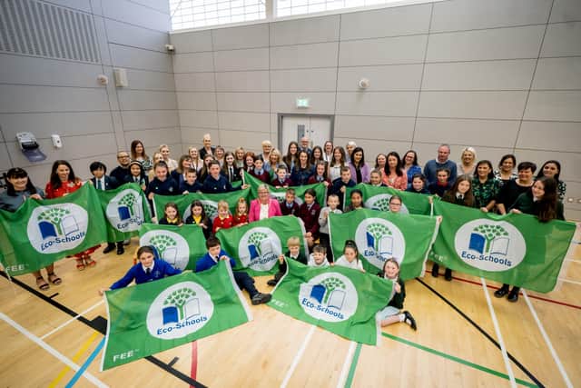 Deputy Mayor of Derry City and Strabane District Council, Councillor Angela Dobbins, pictured with some of attendees at the Eco-Schools Green Flag Awards which took place in Foyle Arena on Tuesday. (Photo: Stephen Latimer)