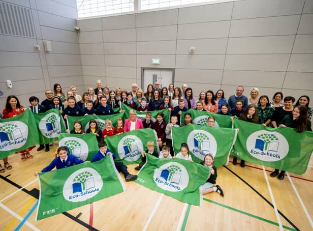 Deputy Mayor of Derry City and Strabane District Council, Councillor Angela Dobbins, pictured with some of attendees at the Eco-Schools Green Flag Awards which took place in Foyle Arena on Tuesday. (Photo: Stephen Latimer)