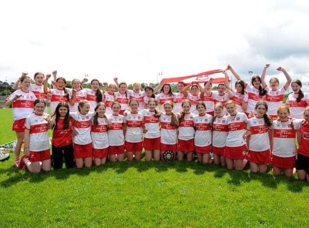 The Derry Under 14 camogie panel with defeated Antrim last Saturday to lift the Ulster Under 14 'A' Championship title in Armagh.