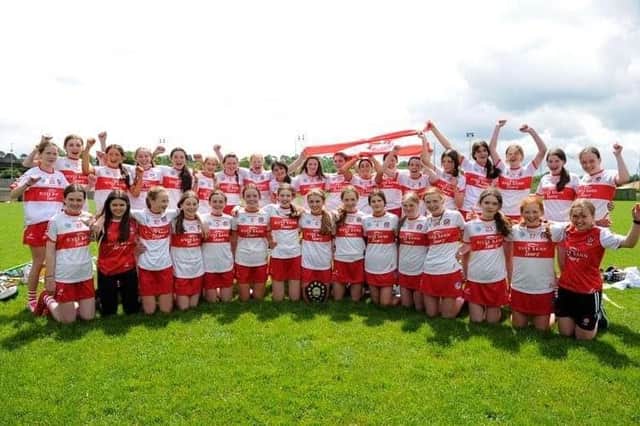 The Derry Under 14 camogie panel with defeated Antrim last Saturday to lift the Ulster Under 14 'A' Championship title in Armagh.