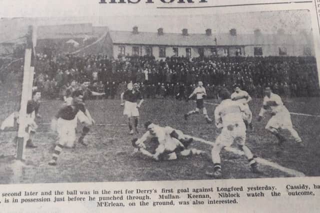 Cassidy (back to camera) prepares to fire home Derry’s goal against Longford in the semi-final at Celtic Park watched by Mullan, Keenan, Niblock and McErlean (grounded).