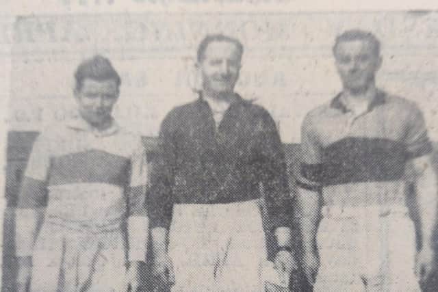 Derry captain Pat Keenan (left) with the match referee and his Clare counterpart before the  National League final of 1947