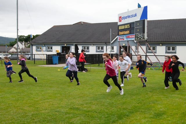 The start of the Primary 5 girls race at Steelstown PS sports day at Brian Og's GAC Pitches on Thursday last. Picture by Jim McCafferty Photography