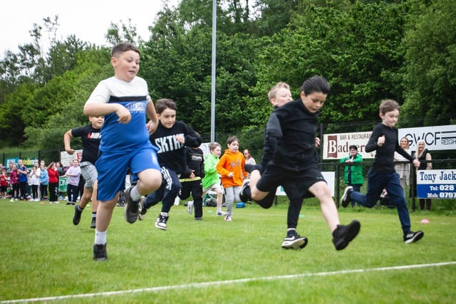 A photo finish in the Boys P6 Race at Steelstown PS Sports Day on Thursday last. Picture by Jim McCafferty Photography