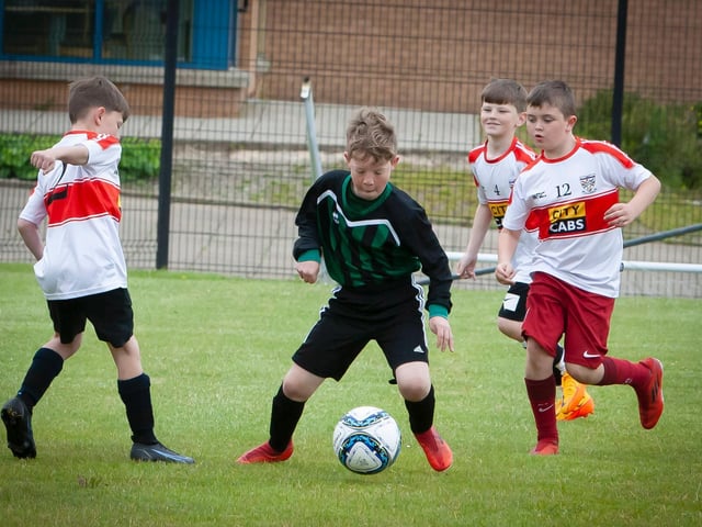 Action from one of the early games involving St. Eugene's PS and Greenhaw PS on Tuesday.