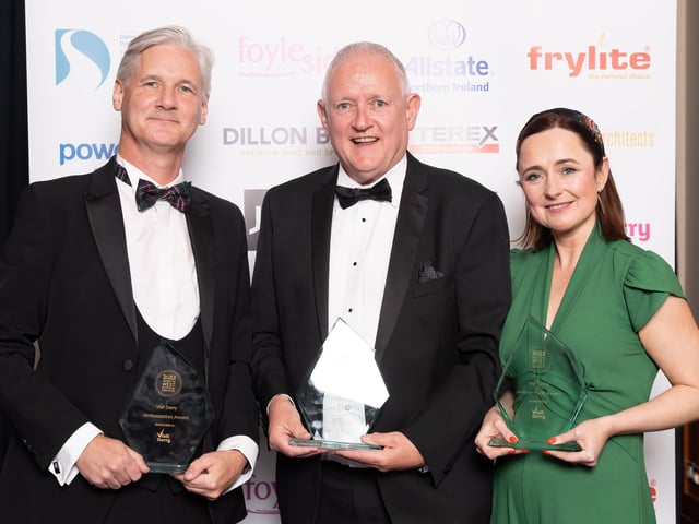 Rory OConnor, Barry McGale and Siobhan ONeill, winners of the Visit Derry Ambassadors Award pictured with the award sponsors, Michelle Simpson and Odhran Dunne of Visit Derry, Aisling Gallagher, City Centre Initiative, Anna Doherty, Londonderry Chamber of Commerce.