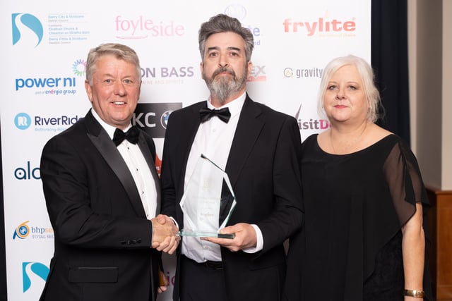 Justin and Bronagh McNichol of Hidden City Café, winner of the NW Food Hero of the Year award, pictured with award sponsor, Eamon McCay of Frylite.